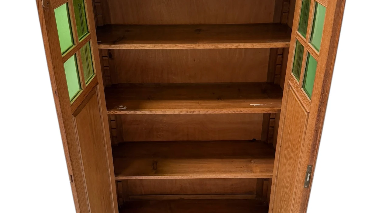 Arts & Crafts Art Nouveau Bookcase with Original Green Glass, 1900s